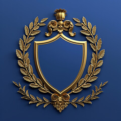 Obraz premium Anintricateemblemwithashieldandlaurelwreathdesign,embossedingoldonaroyalbluebackground.64k,UHD,Highdefinition
