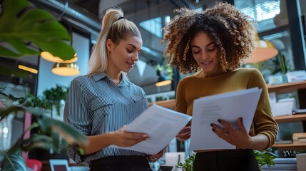 Businesswoman and colleague reviewing documents in open-plan and teamwork
