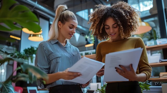 Businesswoman and colleague reviewing documents in open-plan and teamwork