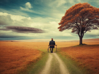 Obraz premium Old man sitting on a chair in a vintage rural landscape, beautiful fields and clouds, nature wilderness