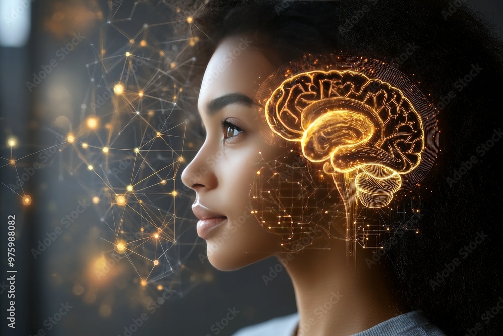 Poster profile of a woman with glowing brain activity symbolizing intelligence creativity and cognitive pro