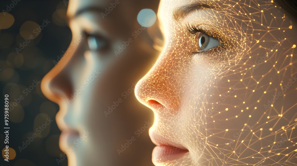 Poster glowing facial wiring of a futuristic virtual twin concept - a close-up digital portrait showcasing 