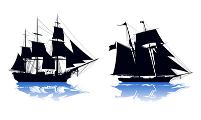 Silhouette image of a sailboat in the ocean. Suitable for design elements from sailing and sea adventures. Vector pirate ship.