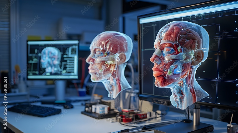Poster a real-time visualization of a virtual twin's medical diagnostic scan displayed on a futuristic digi