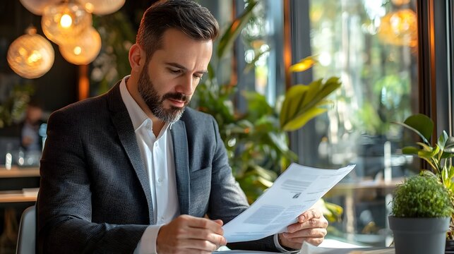 Focused Businessman Reviewing Important Document at Corporate Desk