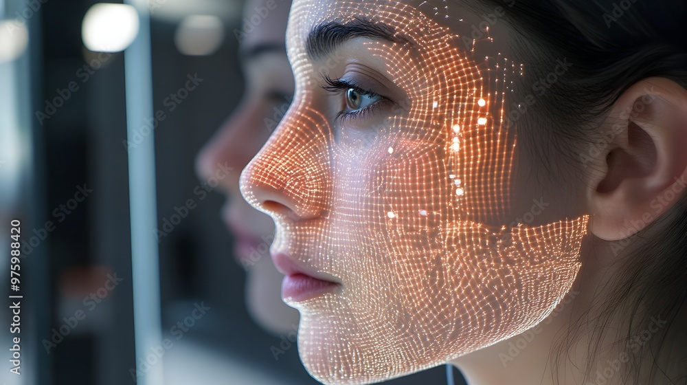 Poster a close-up portrait of a virtual twin's digital face profile with futuristic data visualization,high