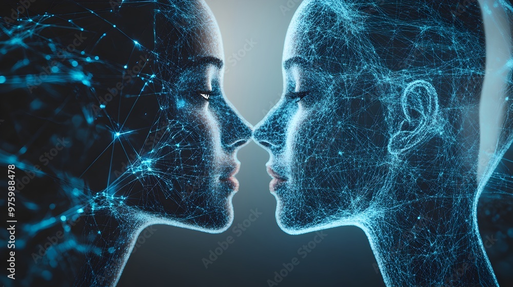 Poster futuristic digital profile of a virtual twin or cyborg demonstrating the concept of intelligence,dat