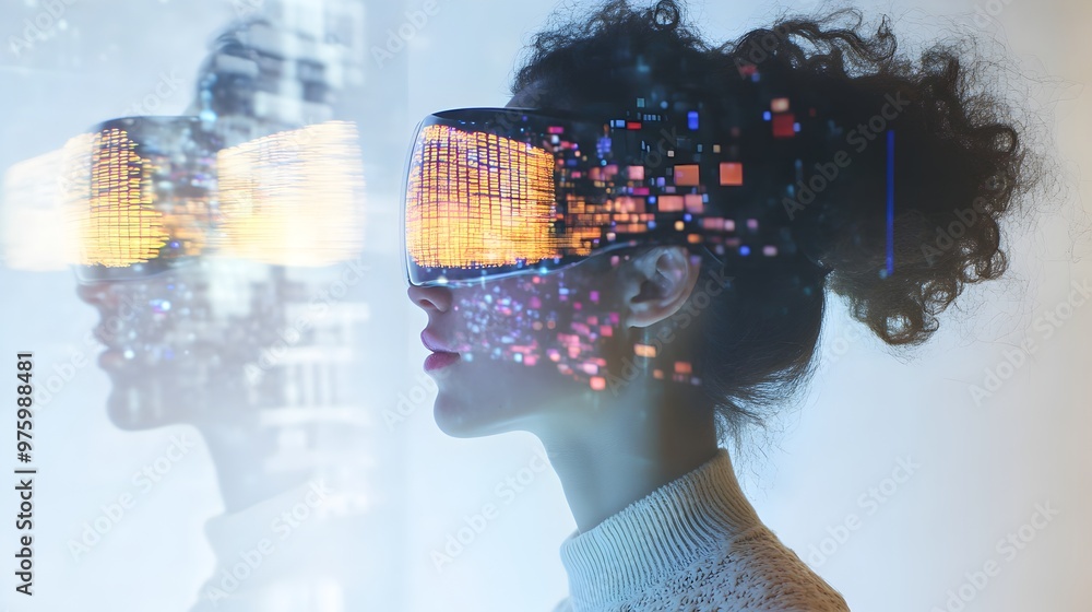 Poster digitally altered portrait of a futuristic virtual twin figure immersed in a surreal,colorful cyber 