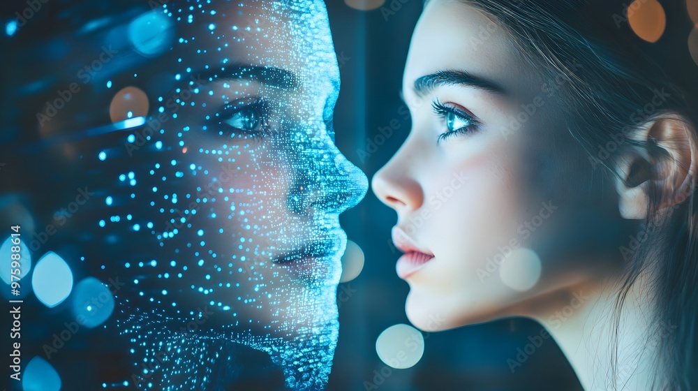 Poster a digital depicting a virtual twin or digital avatar analyzing data and information visualizations i