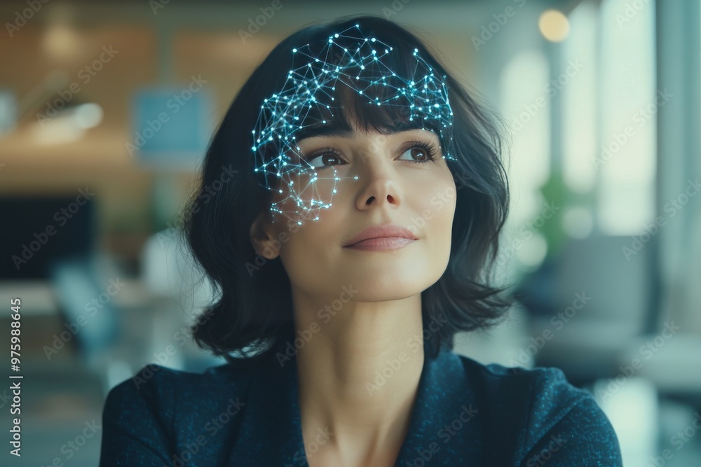 Poster woman wearing a neural cap analyzing data representing technology innovation and cognitive processes