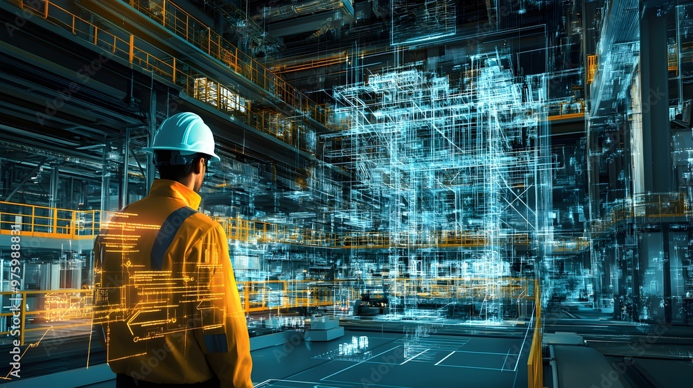 Poster captivating image showcasing a virtual twin of an advanced industrial factory,featuring a complex ne