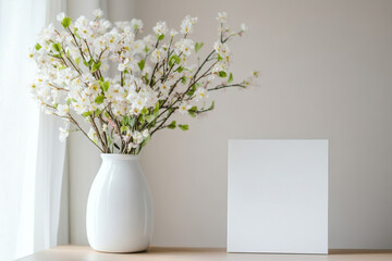Minimalist vase with white cherry blossoms and blank card on wooden table near window