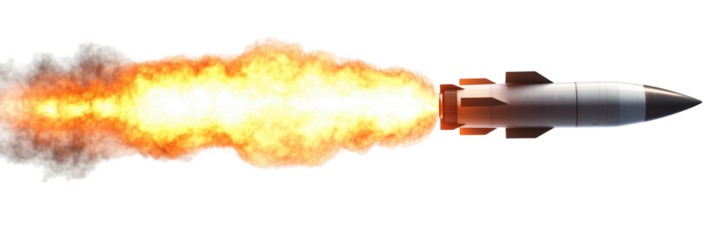 Missile Rocket with Fire and Clouds Speeding Through the Air. Transparent. Image with Alpha.