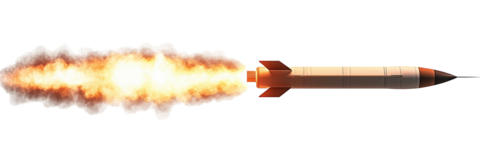 Missile Rocket with Fire and Clouds Speeding Through the Air. Transparent. Image with Alpha.
