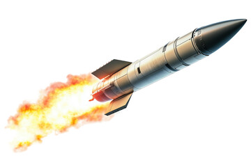 Missile Rocket with Fire and Clouds Speeding Through the Air. Transparent. Image with Alpha.