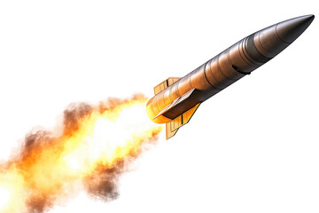 Missile Rocket with Fire and Clouds Speeding Through the Air. Transparent. Image with Alpha.