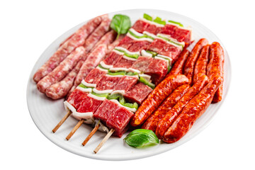 raw sausage meat assorted juicy pork, beef fresh gourmet food background on the table rustick food top view copy space