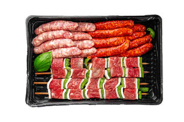 raw sausage meat assorted juicy pork, beef fresh gourmet food background on the table rustick food top view copy space