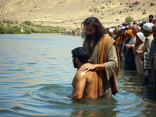 Gospel Images from the Bible NT - John the Baptist baptizing people in the Jordan River