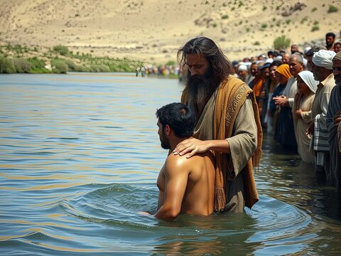 Gospel Images from the Bible NT - John the Baptist baptizing people in the Jordan River