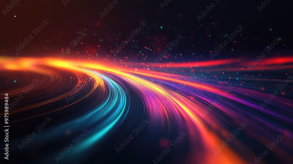 Poster pulsing waves of colored light sweeping across a black void, forming an abstract path.