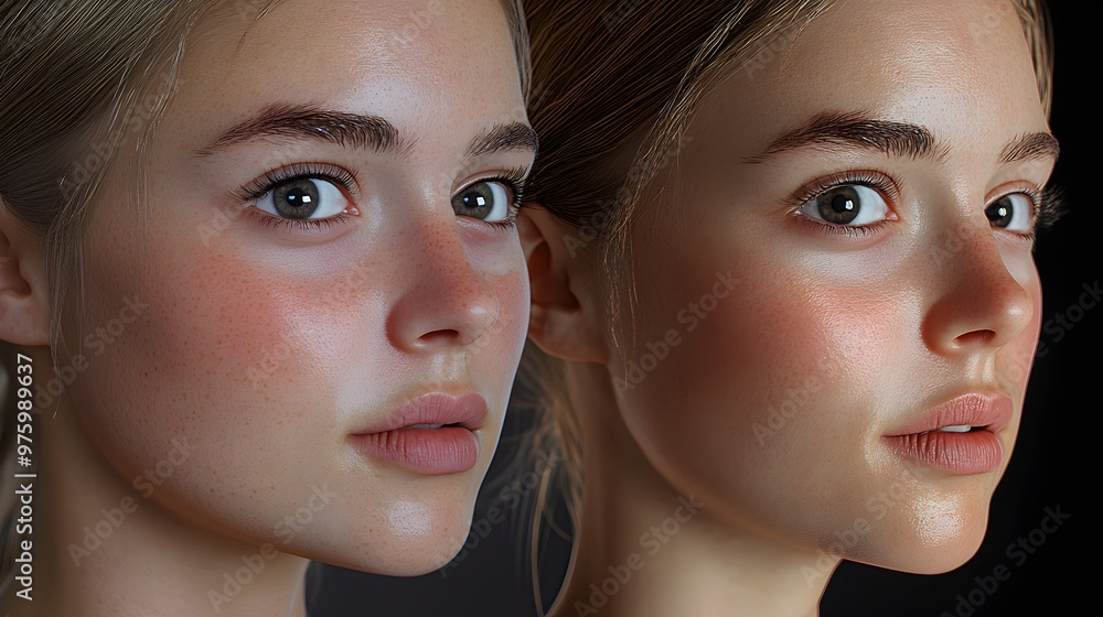 Poster Closeup Portrait of a Thoughtful Virtual Twin Model with Serious Expression,Highlighting Advanced Digital Rendering and Futuristic Technology