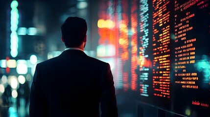 Businessman Analyzing Financial Market Data on Digital Ticker Board