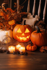 Obraz premium Carved pumpkins, flickering candles, and rustic autumn décor set the scene for a spooky Halloween atmosphere in Pumpkin Orange, Creamy White, and Espresso Brown tones.