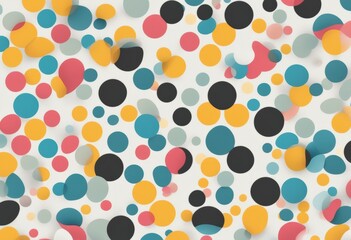 A vibrant and colorful pattern of various sized circles scattered throughout. The circles come in a range of colors including blue, yellow, pink, and black. They are dispersed in a random manner