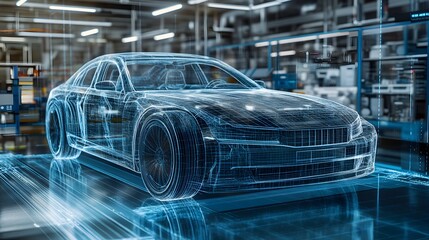 Futuristic virtual twin model of an innovative and high-tech automotive prototype design,featuring a 3D wireframe,blueprint-style visualization with digital data and patterns.