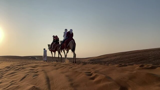 Slow-motion shot of people riding camels across Abu Dhabi dunes at sunset, capturing the beauty of the desert."