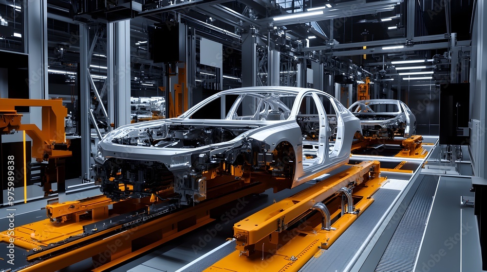 Poster automated car assembly line with robotic machinery and conveyor system in a modern,high-tech factory