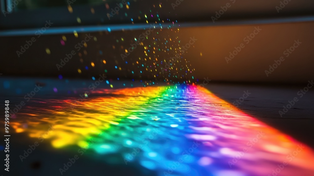 Poster scattering light in different directions, creating a rainbow effect.