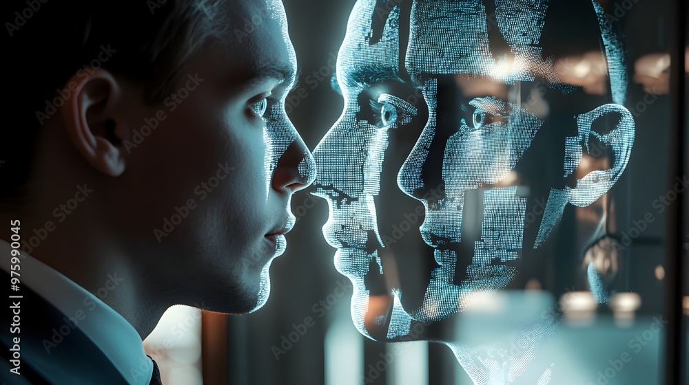 Poster this striking digital composite image depicts a futuristic virtual twin,showcasing the power of cutt