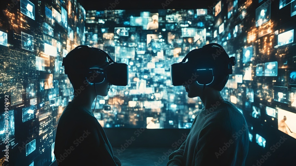 Poster silhouetted figures navigating a futuristic virtual landscape of lights,screens,and interconnected d