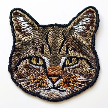Needlepoint embroidery iron on patch of a cat face, isolated on white.