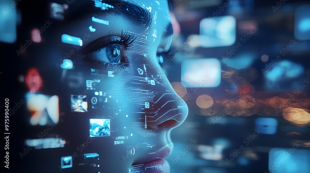 Poster a surreal digital portrait of a virtual twin or cyborg tracking and visualizing complex data on an a