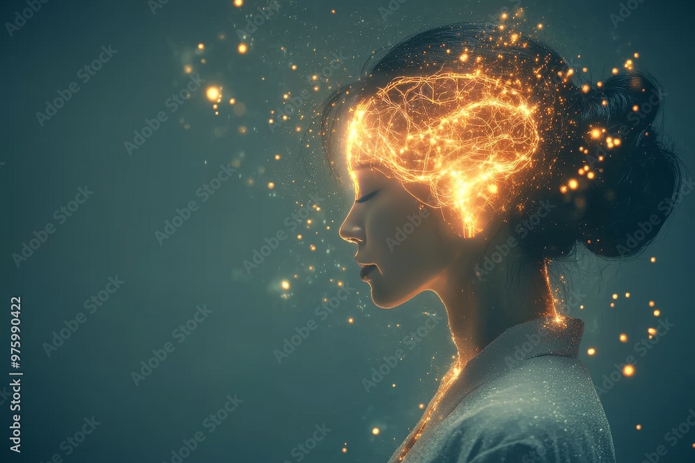 Poster profile of a woman illuminated by glowing neural patterns symbolizing intelligence imagination and t