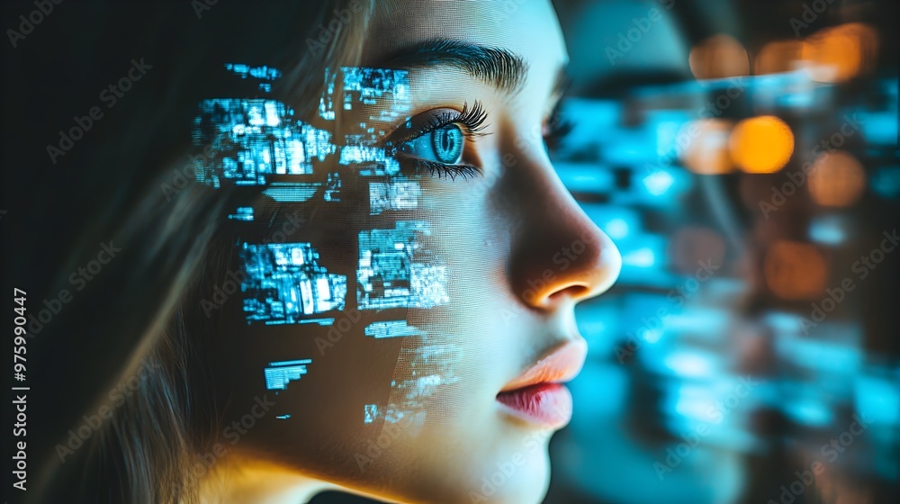 Poster virtual portrait of a digital identity in transformation:a futuristic and visionary image exploring 