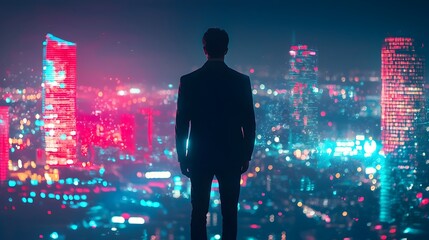 Fototapeta premium Silhouette of Businessman with Neon Digital Overlays Against Cityscape,Future Business Vision