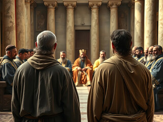 Gospel Images from the Bible NT - Peter and John stand trial before the Sanhedrin defending miracle of healing lame man