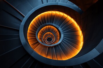 A winding staircase, viewed from above, where the spirals create a mesmerizing pattern of light and dark