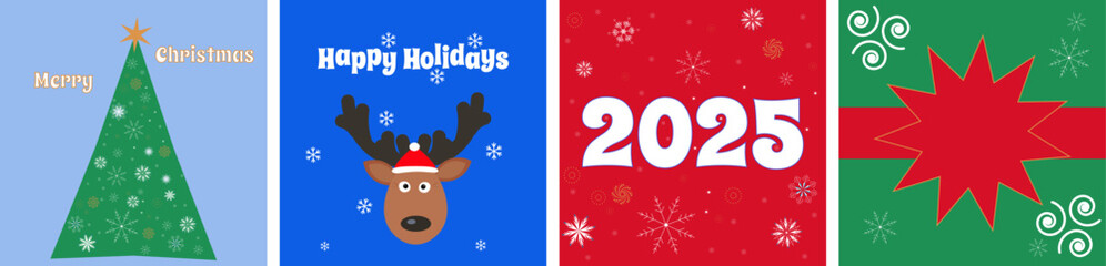 Merry Christmas and New Year 2025 Card Set, Square Poster, Holiday Cover, for Advertising, Sales, Print, Season Cards