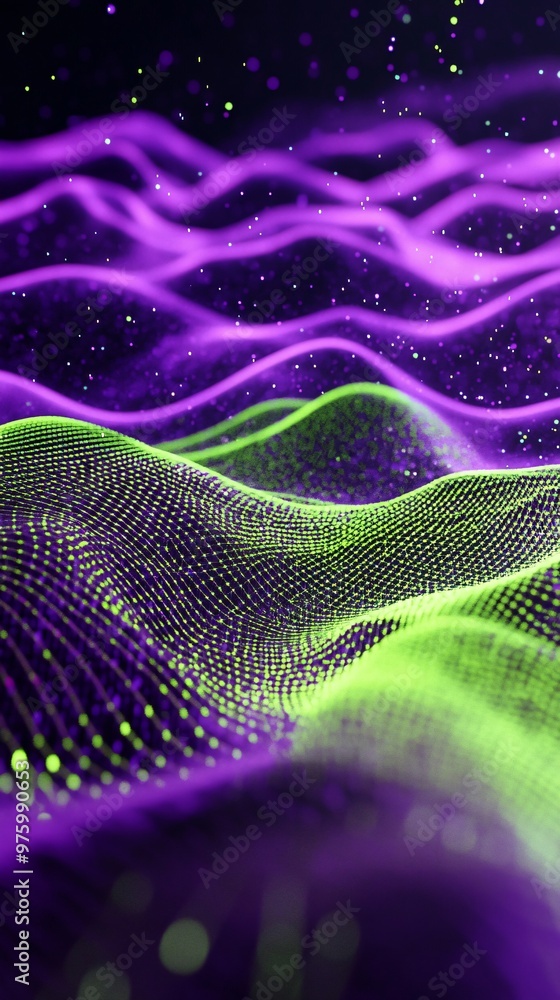 Poster abstract neon waves with digital particle grid