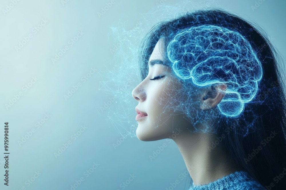 Poster woman with glowing brain activity symbolizing intelligence imagination and cognitive processes in an