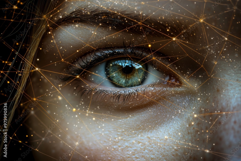 Poster close up of a human eye with intricate glowing neural patterns symbolizing intelligence perception a