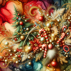 Christmas decoration background, pearls, snowman, fir and candy 