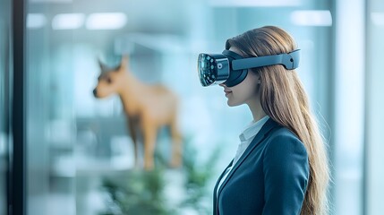 Businesswoman in Modern Office Exploring Digital Innovation with Virtual Reality Glasses
