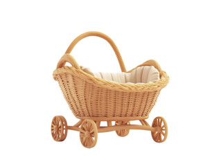 A charming wicker baby carriage perfect for showcasing infant themes, vintage styles, and nursery decor.
