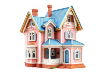 A charming pink Victorian house with intricate details and a blue roof, ideal for showcasing unique architecture and design.